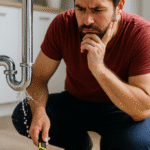 فني سباكة يقوم بفحص وكشف تسربات المياه بجدة باستخدام أدوات حديثة مع ظهور تسرب مياه من أنبوب معدني