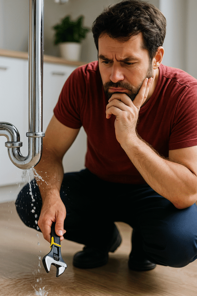 فني سباكة يقوم بفحص وكشف تسربات المياه بجدة باستخدام أدوات حديثة مع ظهور تسرب مياه من أنبوب معدني